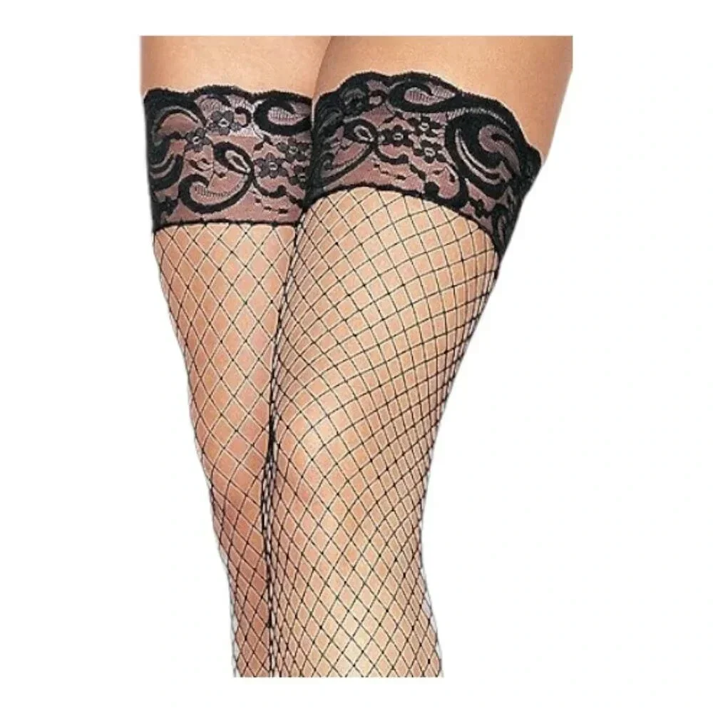 Plus Size SMALL Square Black Fishnet Thigh High Stocking